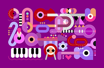 Bunte Musik-Illustrationen auf lila Hintergrund