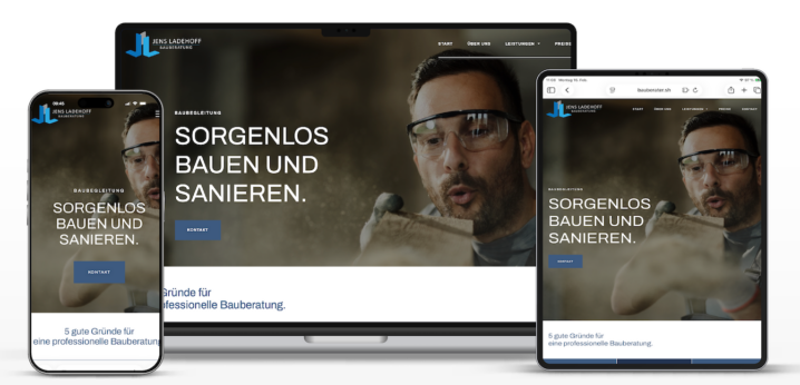 Website von Jens Ladehoff Baubegleitung auf Laptop, Tablet und Smartphone