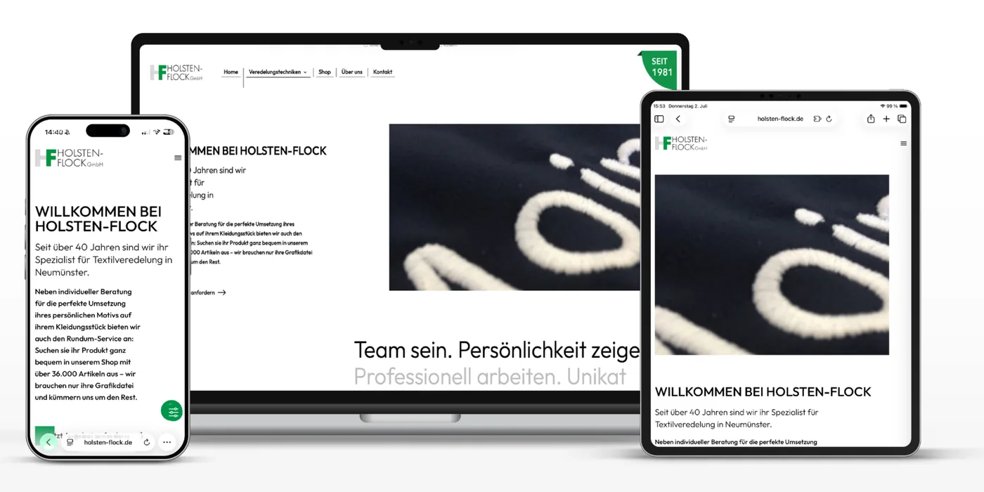 Website von Holsten-Flock auf Laptop, Tablet und Smartphone