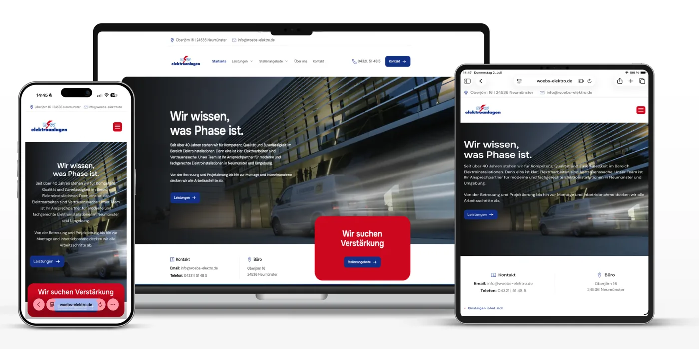 Website von Woebs Elektro auf Laptop, Tablet und Smartphone